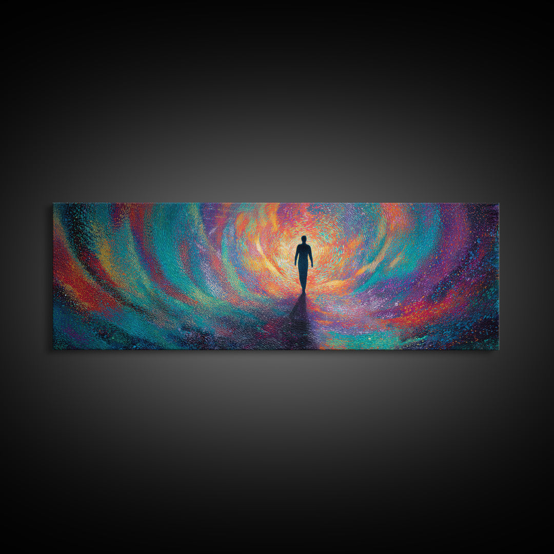 Silhouette Walking Into Rainbow Vortex Wall Art, Abstract Psychedelic Art Print, Meditation Decor, Modern Canvas Print For Living Room
