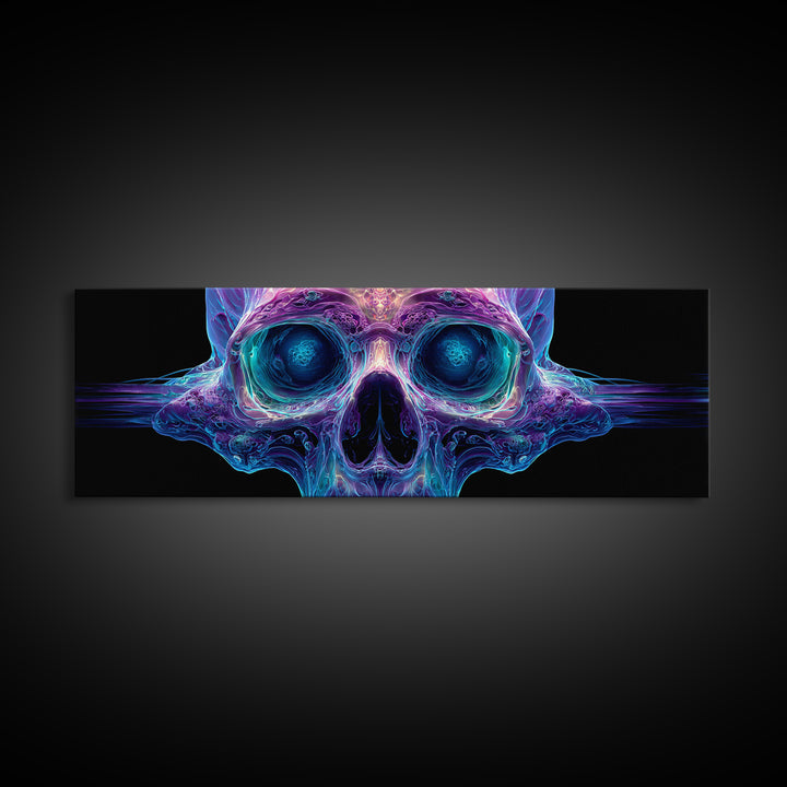 Neon Crystal Skull Wall Art, Gothic Psychedelic Dark Art Print, Futuristic Macabre Decor, Framed Canvas Print For Living Room