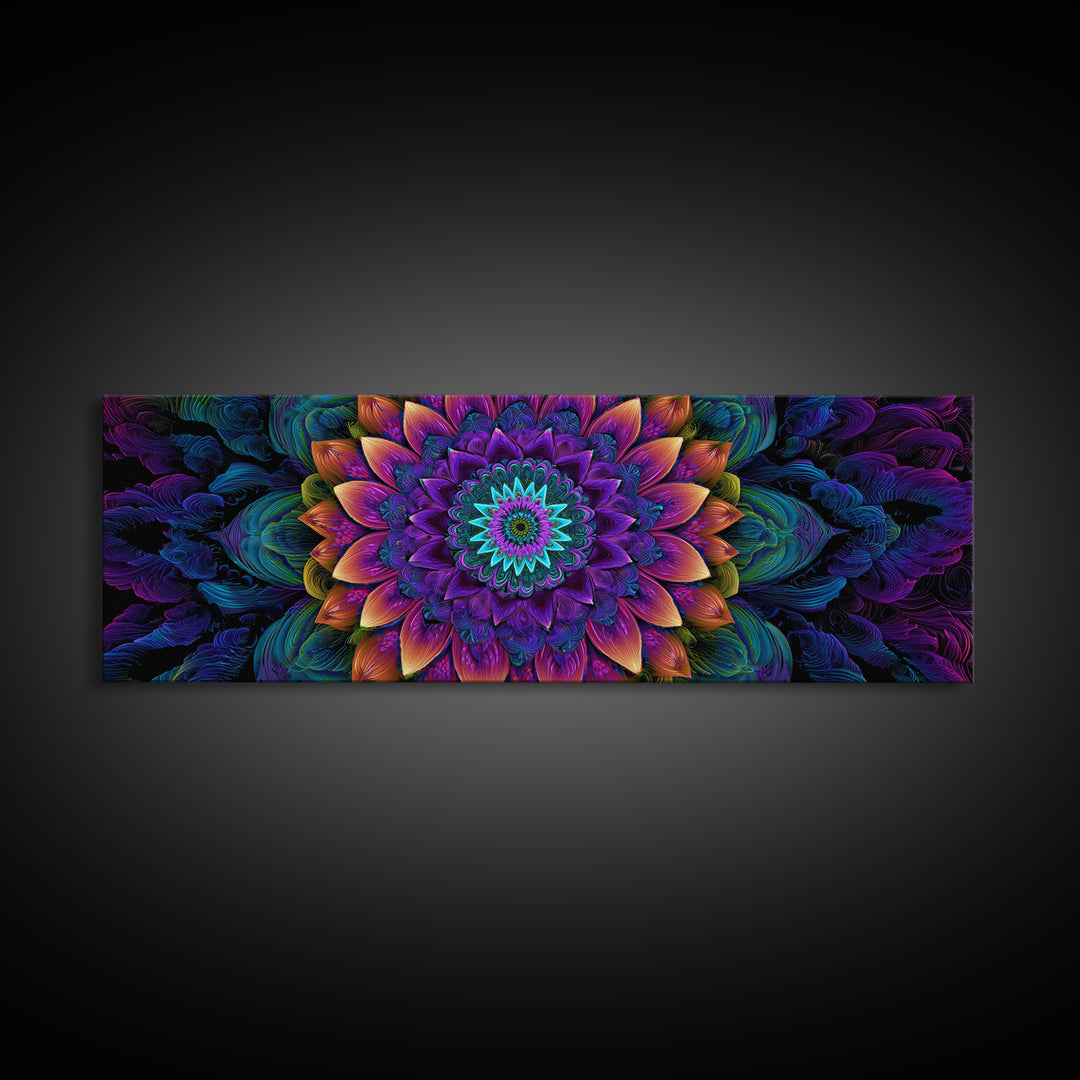 Vibrant Fractal Mandala Flower Canvas Print, Psychedelic Wall Art, Colorful Spiritual Decor, Meditation Room Art, Yoga Studio