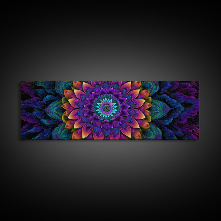Vibrant Fractal Mandala Flower Canvas Print, Psychedelic Wall Art, Colorful Spiritual Decor, Meditation Room Art, Yoga Studio