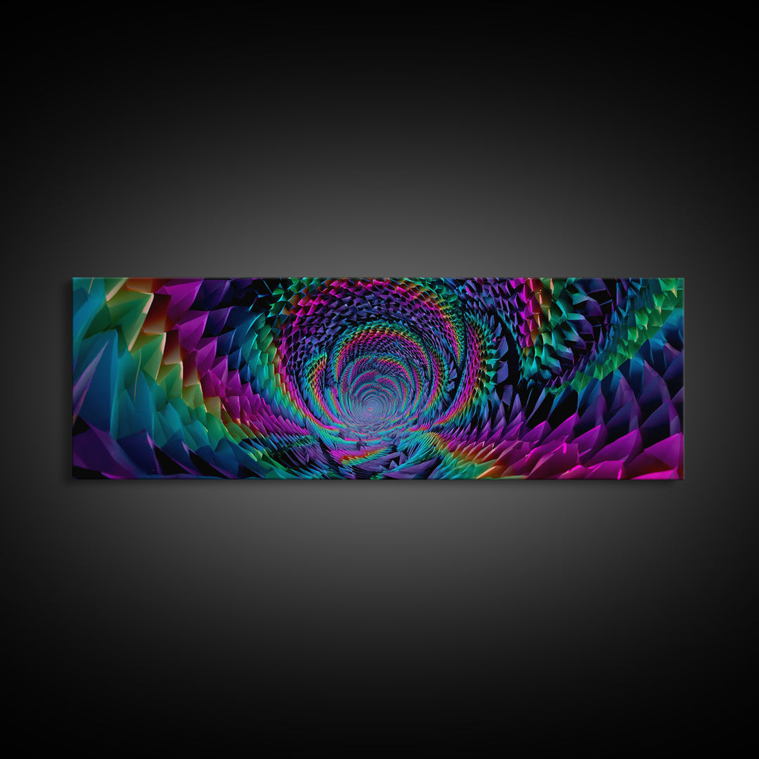 Rainbow Crystal Vortex Tunnel With Geometric Depth Canvas Print, Psychedelic Wall Art For Modern Abstract Home Decor And Office Decor