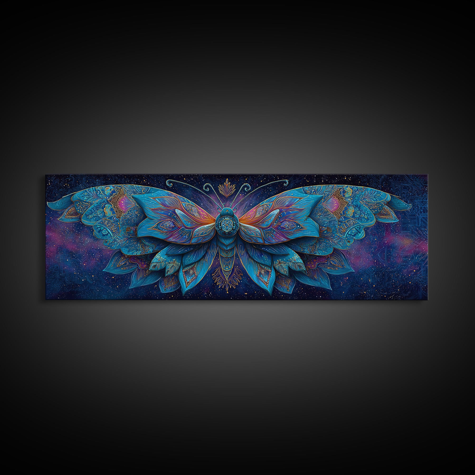 Celestial Blue Moth With Jeweled Wings Framed Canvas Print, Mystical Wall Art For Bedroom Decor And Gift For Her, Boho Celestial Home Decor