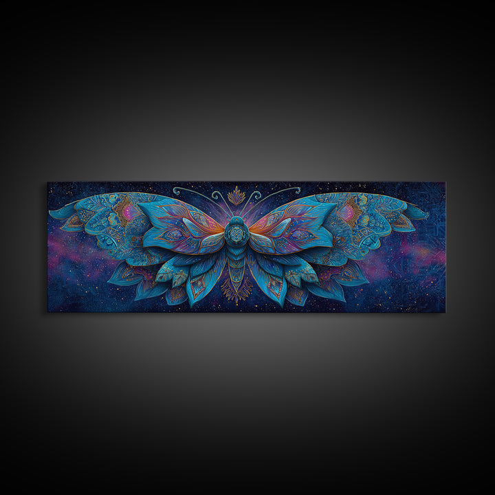 Celestial Blue Moth With Jeweled Wings Framed Canvas Print, Mystical Wall Art For Bedroom Decor And Gift For Her, Boho Celestial Home Decor