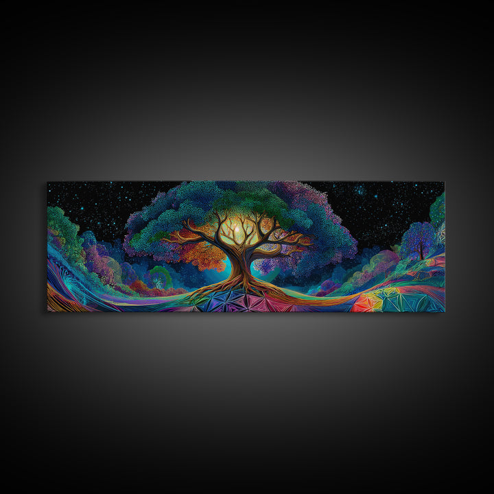 Glowing Tree Of Life Under Starry Sky Framed Canvas Print, Mystical Nature Wall Art For Boho Home Decor And Bedroom Decor