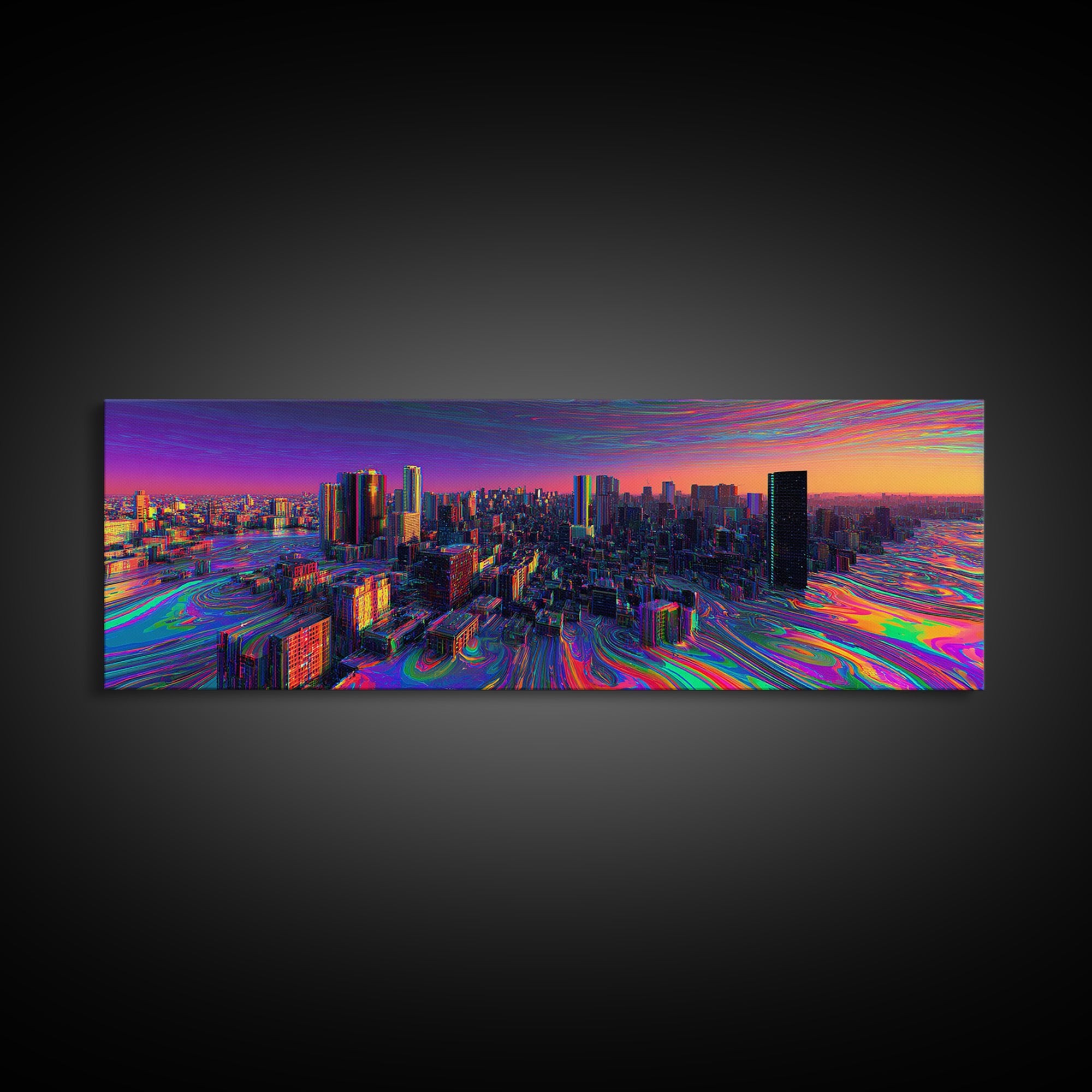 Neon Cyberpunk City Canvas Print, Futuristic Skyline Wall Art, Glitch Urban Decor, Modern Gaming Room Panoramic Wall Art Print