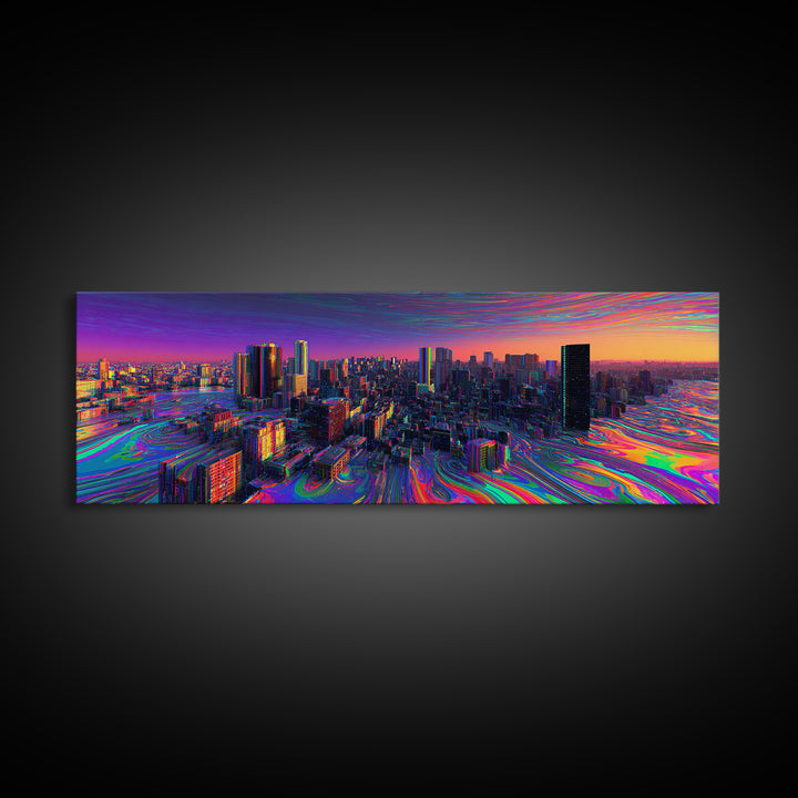 Neon Cyberpunk City Canvas Print, Futuristic Skyline Wall Art, Glitch Urban Decor, Modern Gaming Room Panoramic Wall Art Print