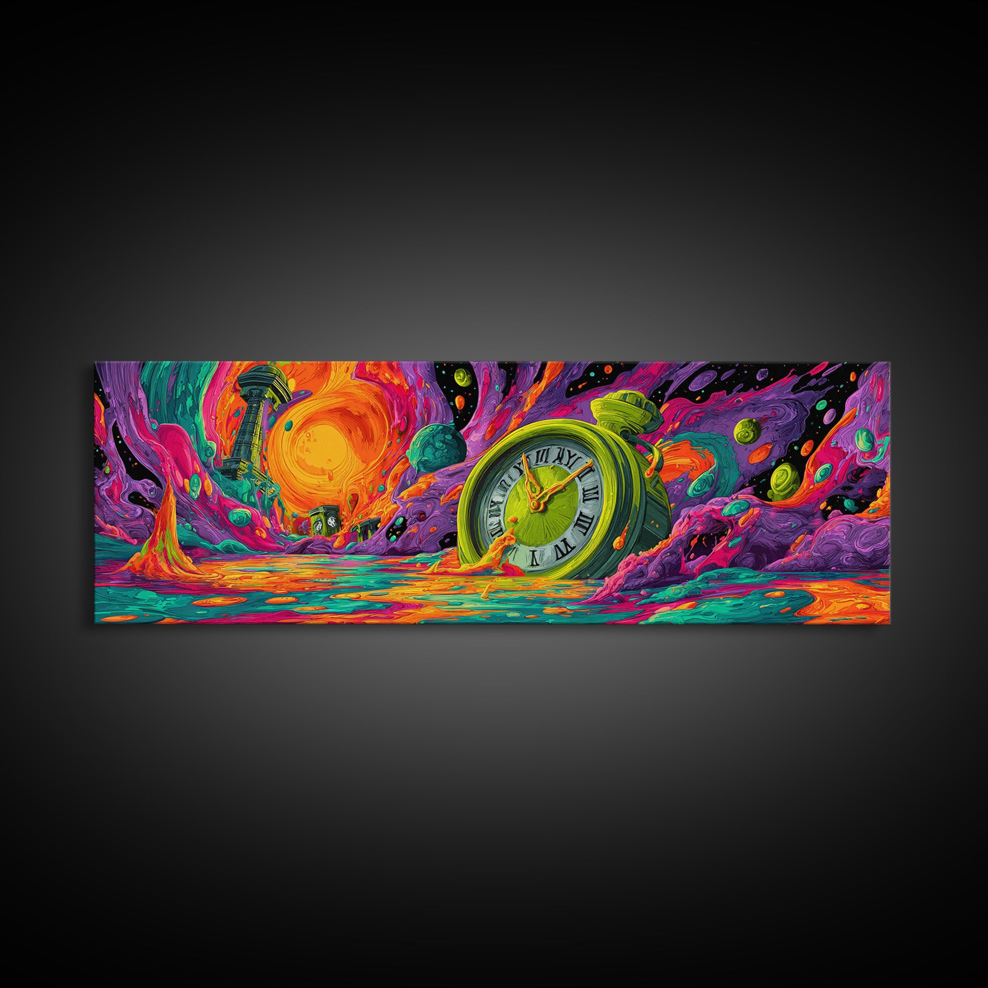Melting Clock Alien Planet Wall Art, Surreal Psychedelic Landscape Print, Colorful Fantasy Decor, Statement Canvas Print