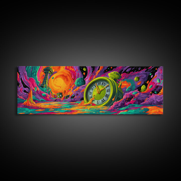 Melting Clock Alien Planet Wall Art, Surreal Psychedelic Landscape Print, Colorful Fantasy Decor, Statement Canvas Print