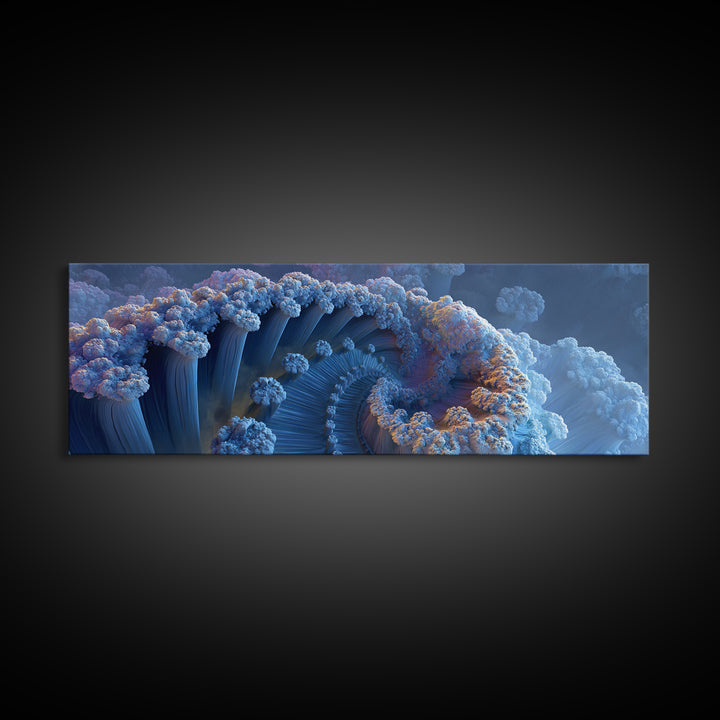 Blue Fractal Ocean Wave And Frozen Spiral Canvas Print, Abstract Seascape Wall Art For Modern Coastal Living Room Home Decor