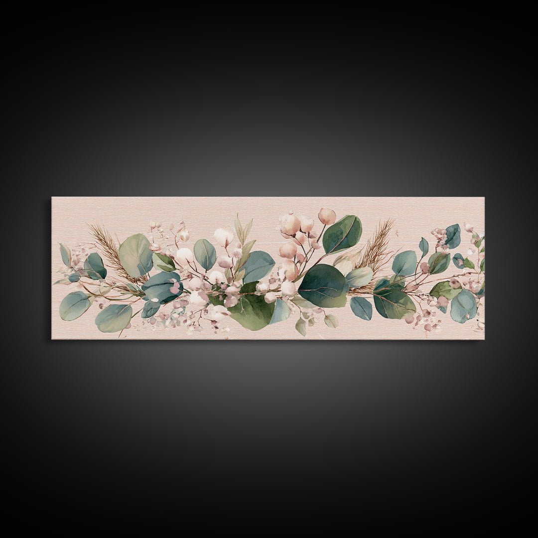Eucalyptus Cotton Floral Garland Framed Canvas Print, Sage Green Wall Art, Boho Nursery Decor, Farmhouse Home Gift For Her