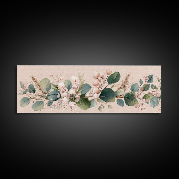 Eucalyptus Cotton Floral Garland Framed Canvas Print, Sage Green Wall Art, Boho Nursery Decor, Farmhouse Home Gift For Her