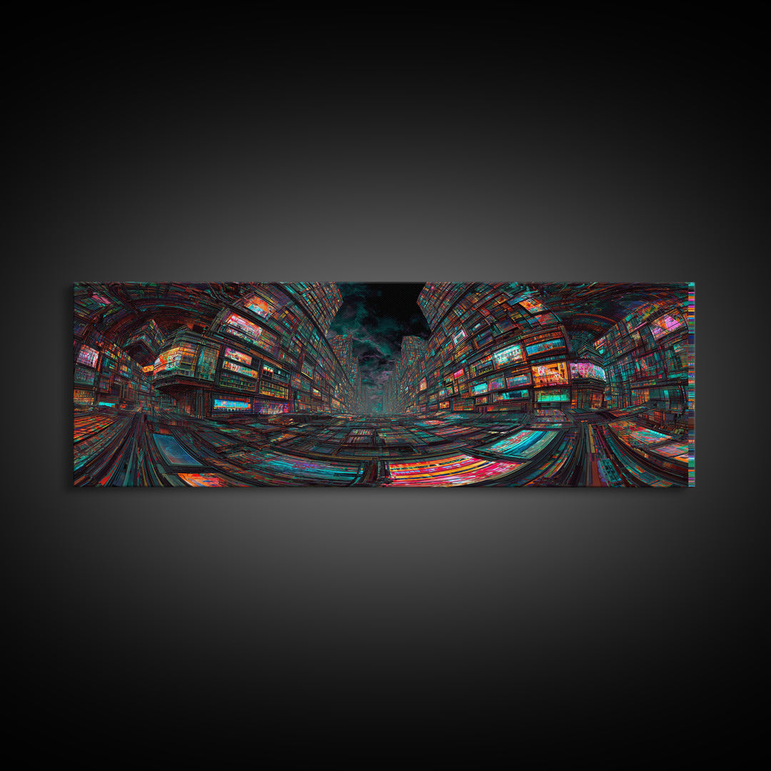 Neon Cyberpunk City With Glitch Streets Framed Canvas Print, Futuristic Wall Art For Gaming Room Decor And Office Decor, Gift For Him