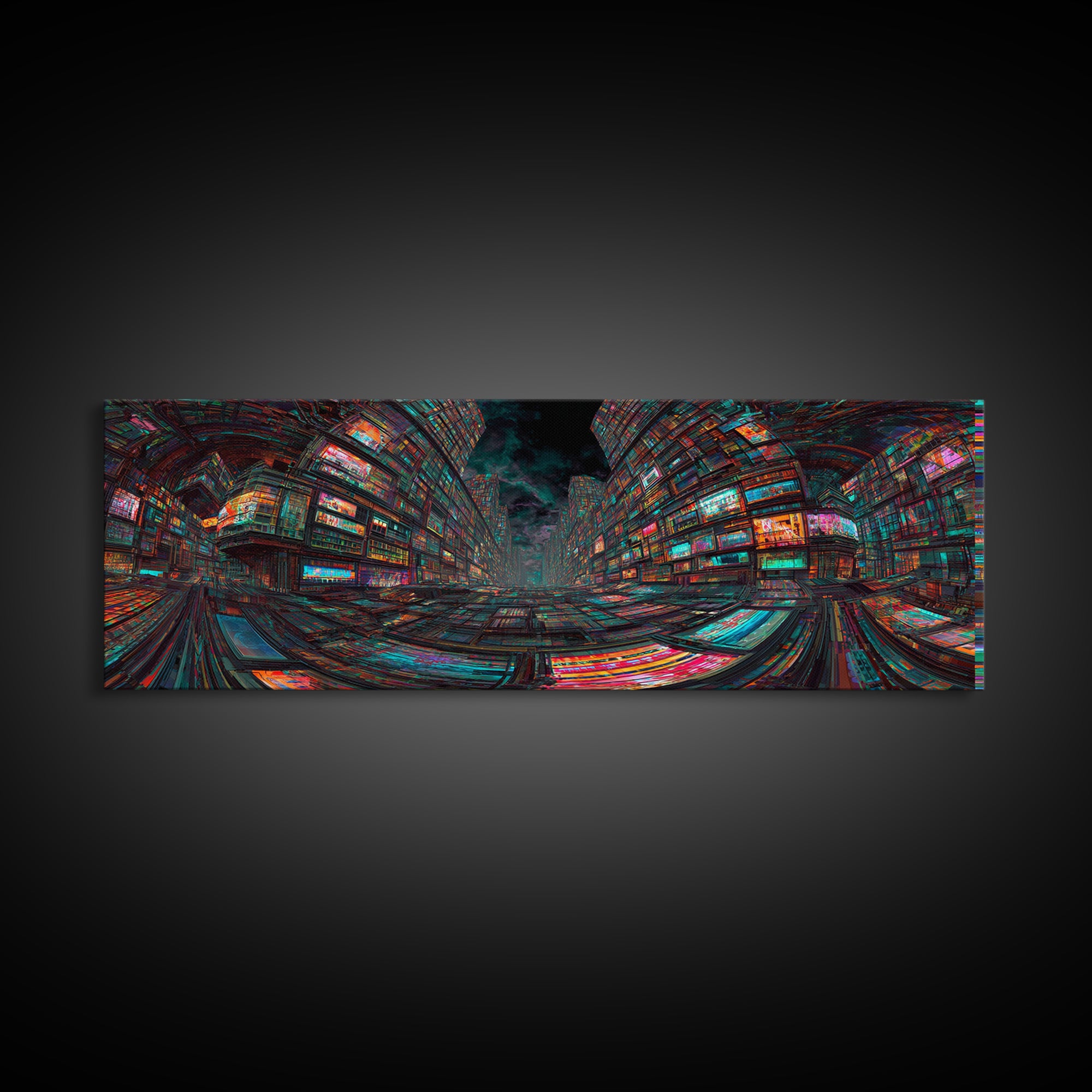 Neon Cyberpunk City With Glitch Streets Framed Canvas Print, Futuristic Wall Art For Gaming Room Decor And Office Decor, Gift For Him