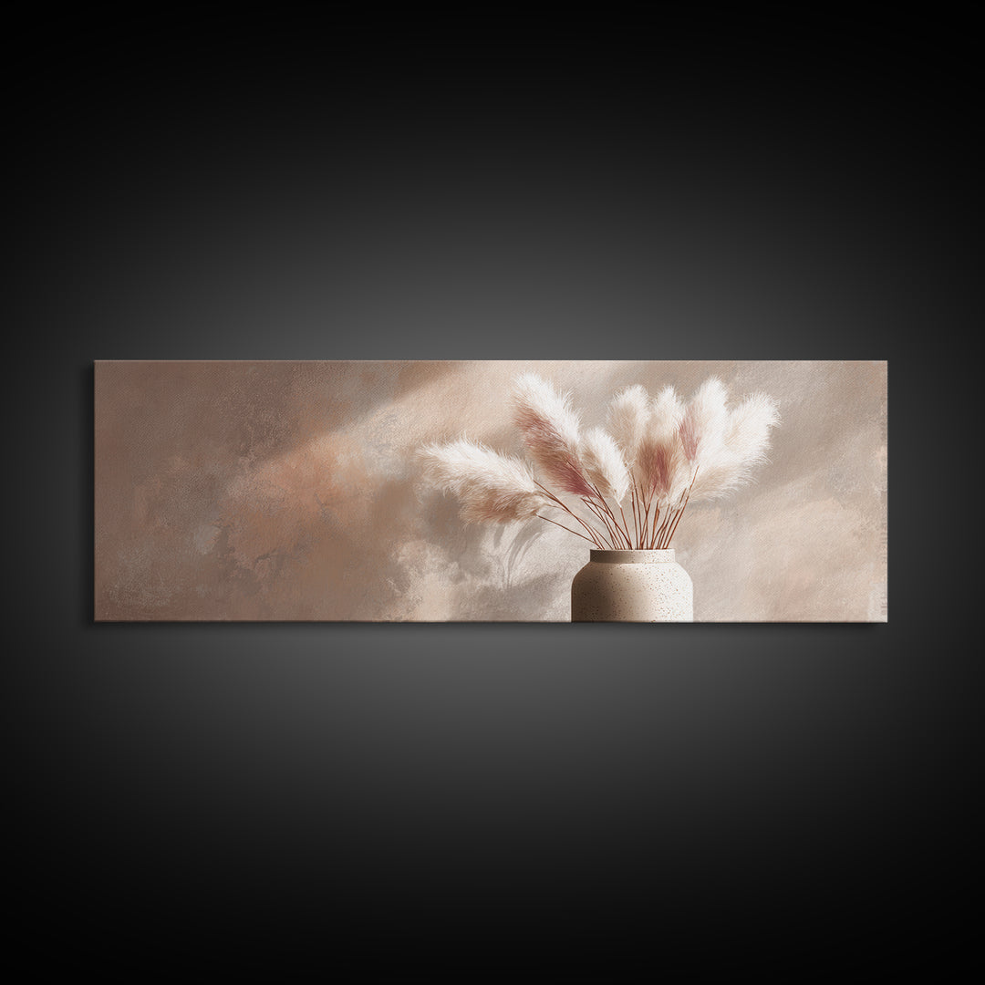 Neutral Pampas Grass Vase Framed Canvas Print, Beige Minimalist Wall Art, Japandi Home Decor, Modern Living Room Decor Print