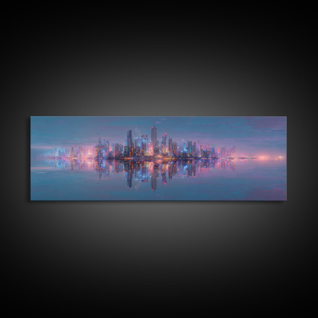 Neon Futuristic Skyline Reflection Wall Art, Panoramic Canvas Print, Cyberpunk Cityscape, Modern Living Room Decor, Large Horizontal Art