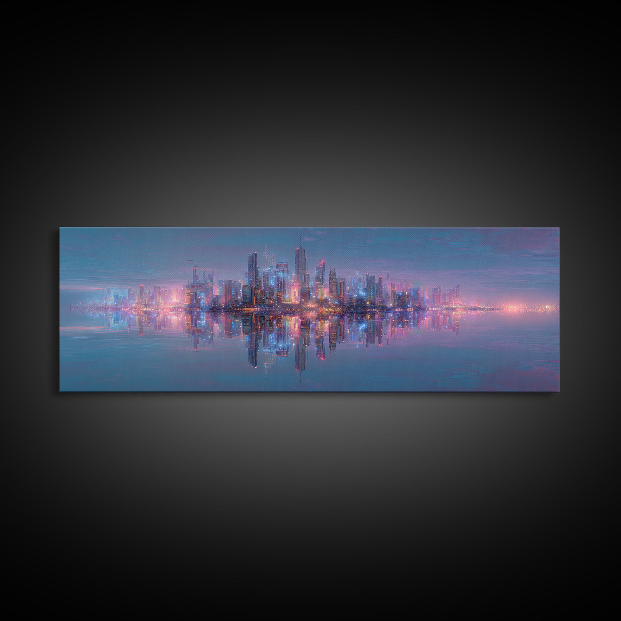 Neon Futuristic Skyline Reflection Wall Art, Panoramic Canvas Print, Cyberpunk Cityscape, Modern Living Room Decor, Large Horizontal Art
