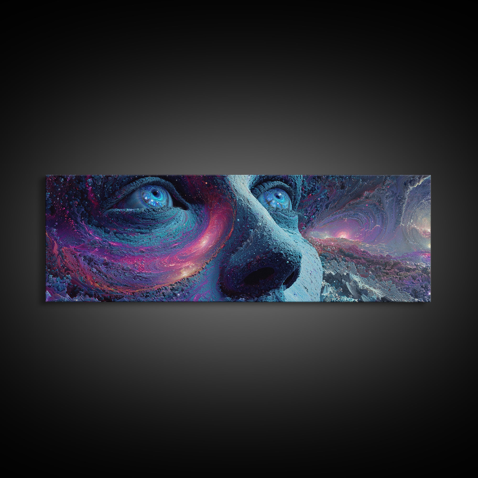 Surreal Cosmic Dog Face Canvas Print, Galaxy Animal Wall Art, Psychedelic Fantasy Decor, Space Lover Gift, Vibrant Modern Art