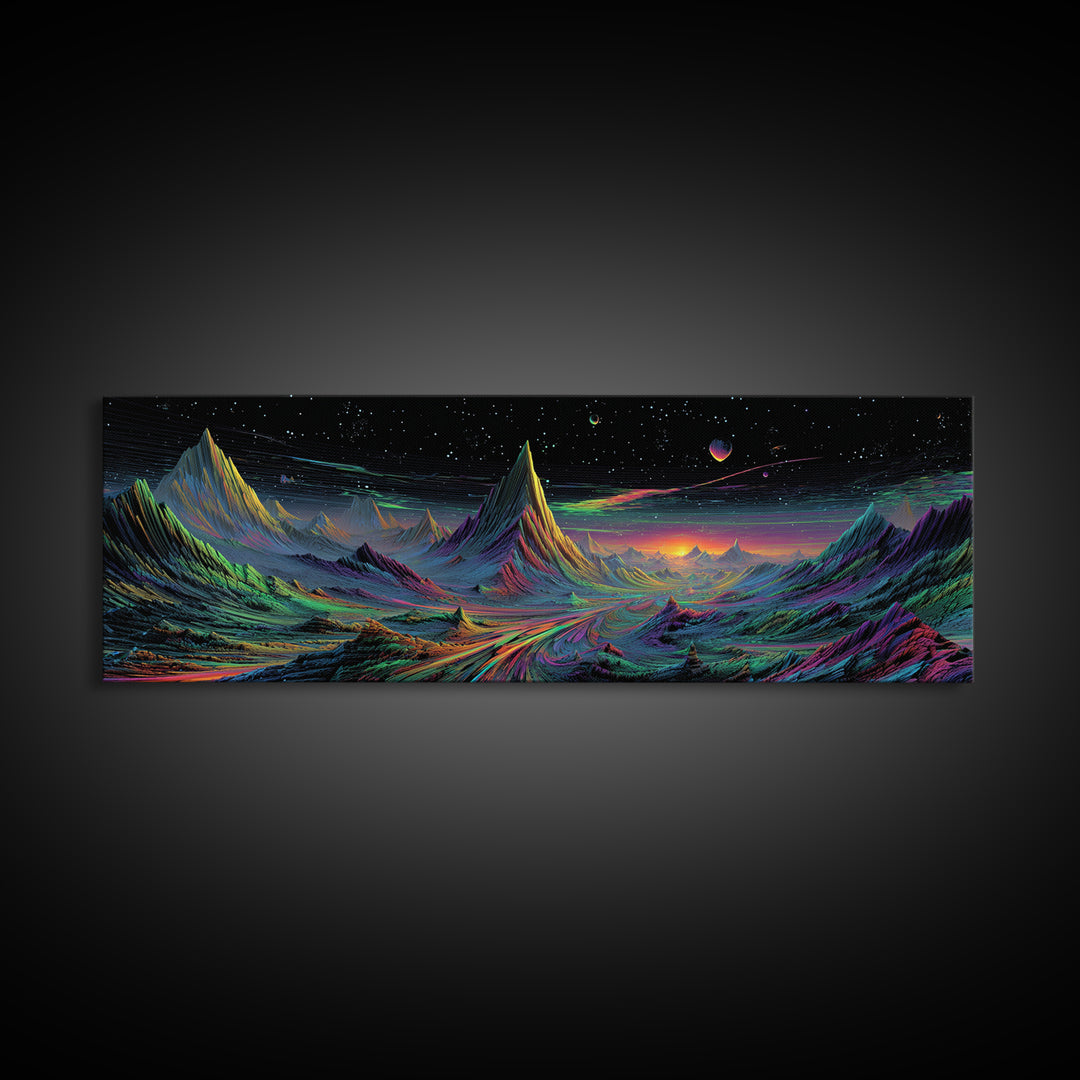 Alien Mountain Road Under Stars Wall Art, Psychedelic Space Landscape, Sci Fi Decor, Panoramic Canvas, Vaporwave Gamer Room Print