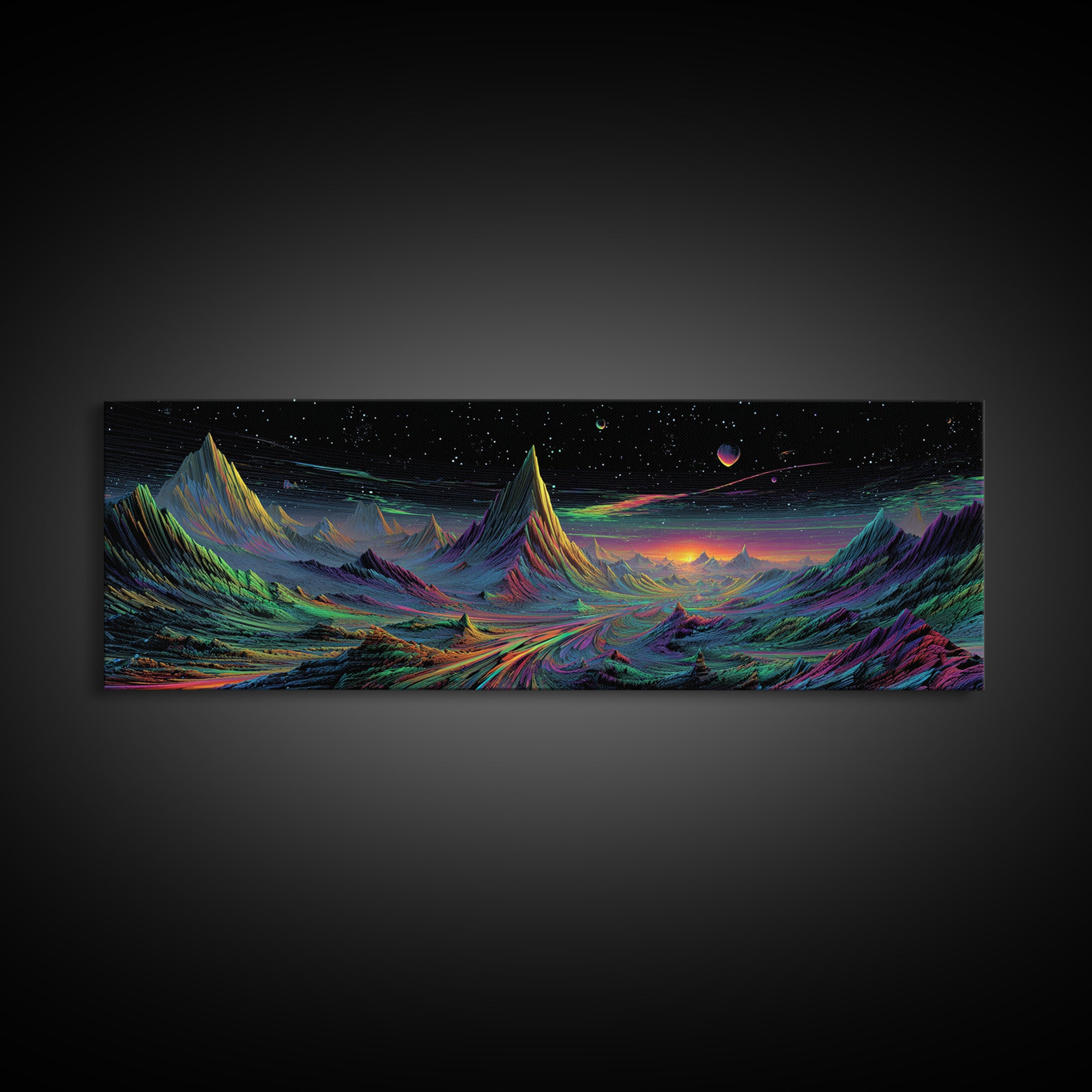 Alien Mountain Road Under Stars Wall Art, Psychedelic Space Landscape, Sci Fi Decor, Panoramic Canvas, Vaporwave Gamer Room Print