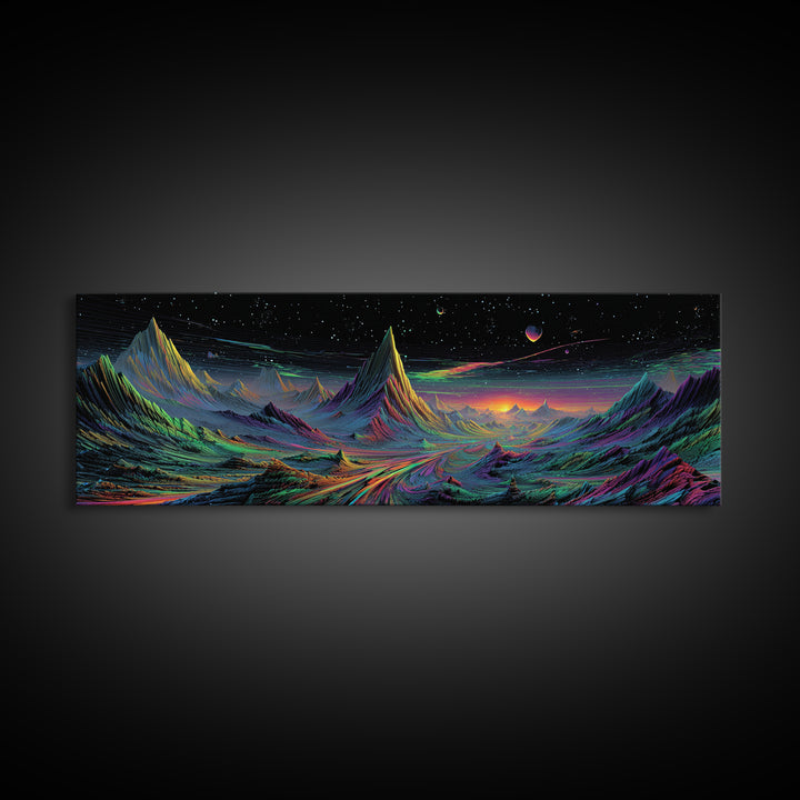 Alien Mountain Road Under Stars Wall Art, Psychedelic Space Landscape, Sci Fi Decor, Panoramic Canvas, Vaporwave Gamer Room Print