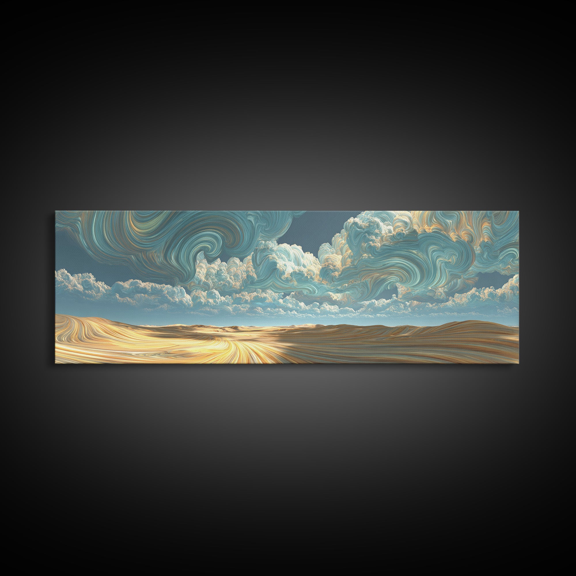 Surreal Golden Desert Under Swirling Clouds Canvas Print, Panoramic Landscape Wall Art For Modern Living Room Decor, Housewarming Gift