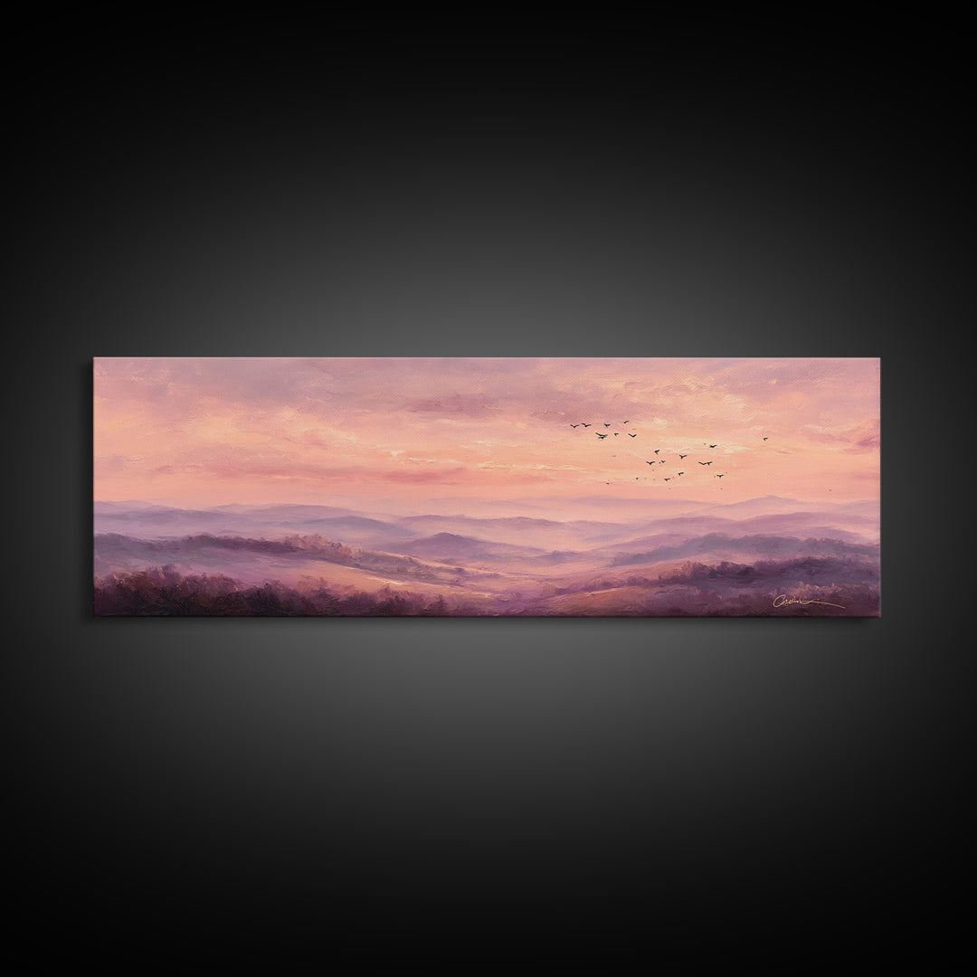 Misty Pink Mountain Landscape Wall Art, Romantic Sunrise Canvas Print, Large Horizontal Living Room Decor, Nature Gift Print