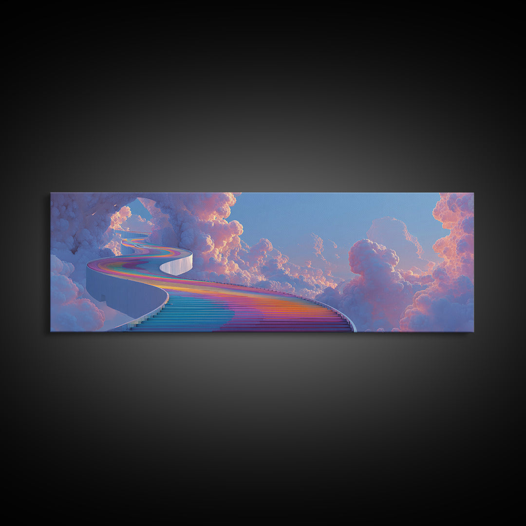 Rainbow Stairway Through Clouds Wall Art, Dreamy Celestial Fantasy Print, Pastel Whimsical Decor, Framed Canvas Print For Nursery