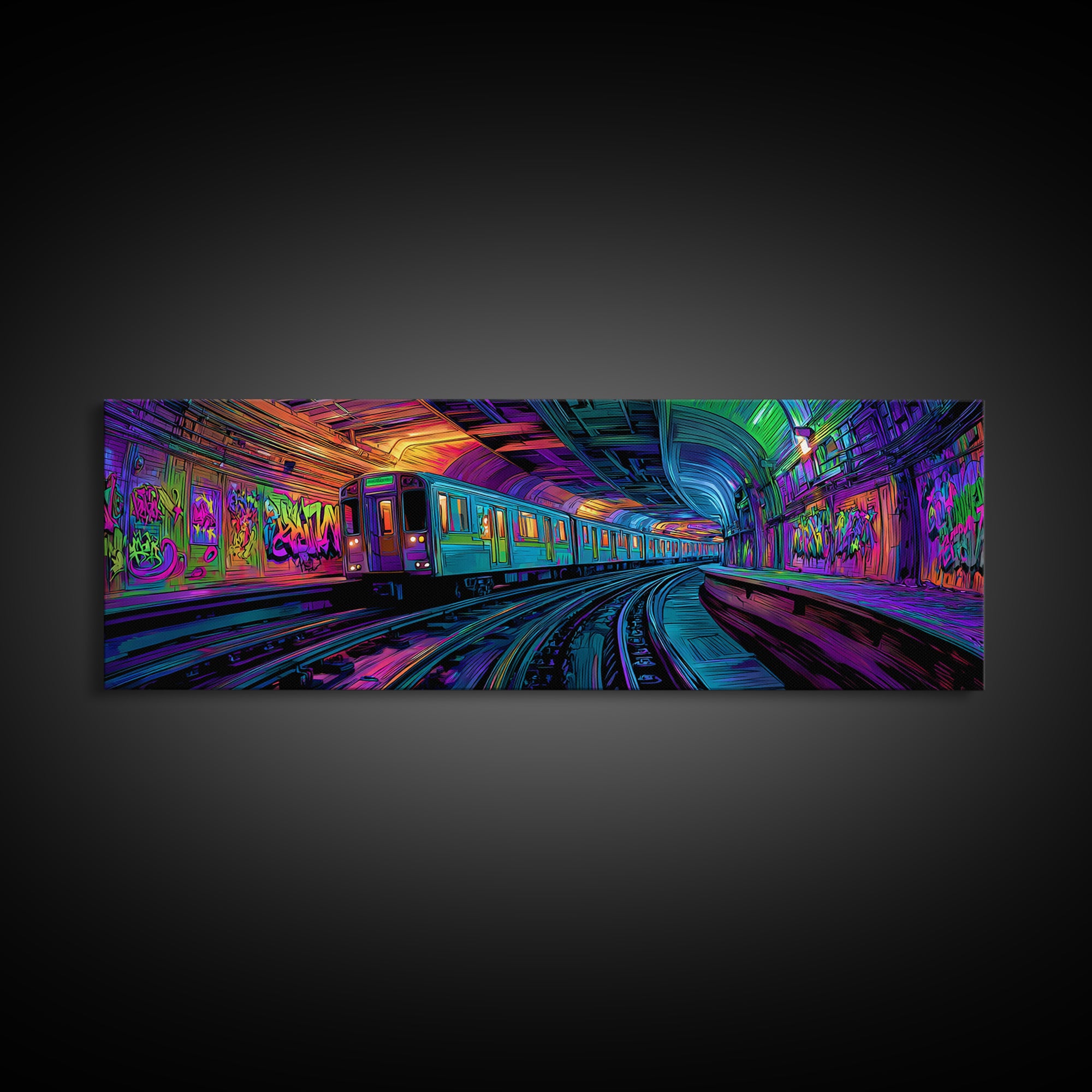 Neon Graffiti Subway Canvas Print, Urban Street Art Train, Cyberpunk Wall Decor, Gaming Room Art, Modern Wall Art Gift For Him