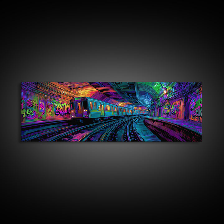 Neon Graffiti Subway Canvas Print, Urban Street Art Train, Cyberpunk Wall Decor, Gaming Room Art, Modern Wall Art Gift For Him