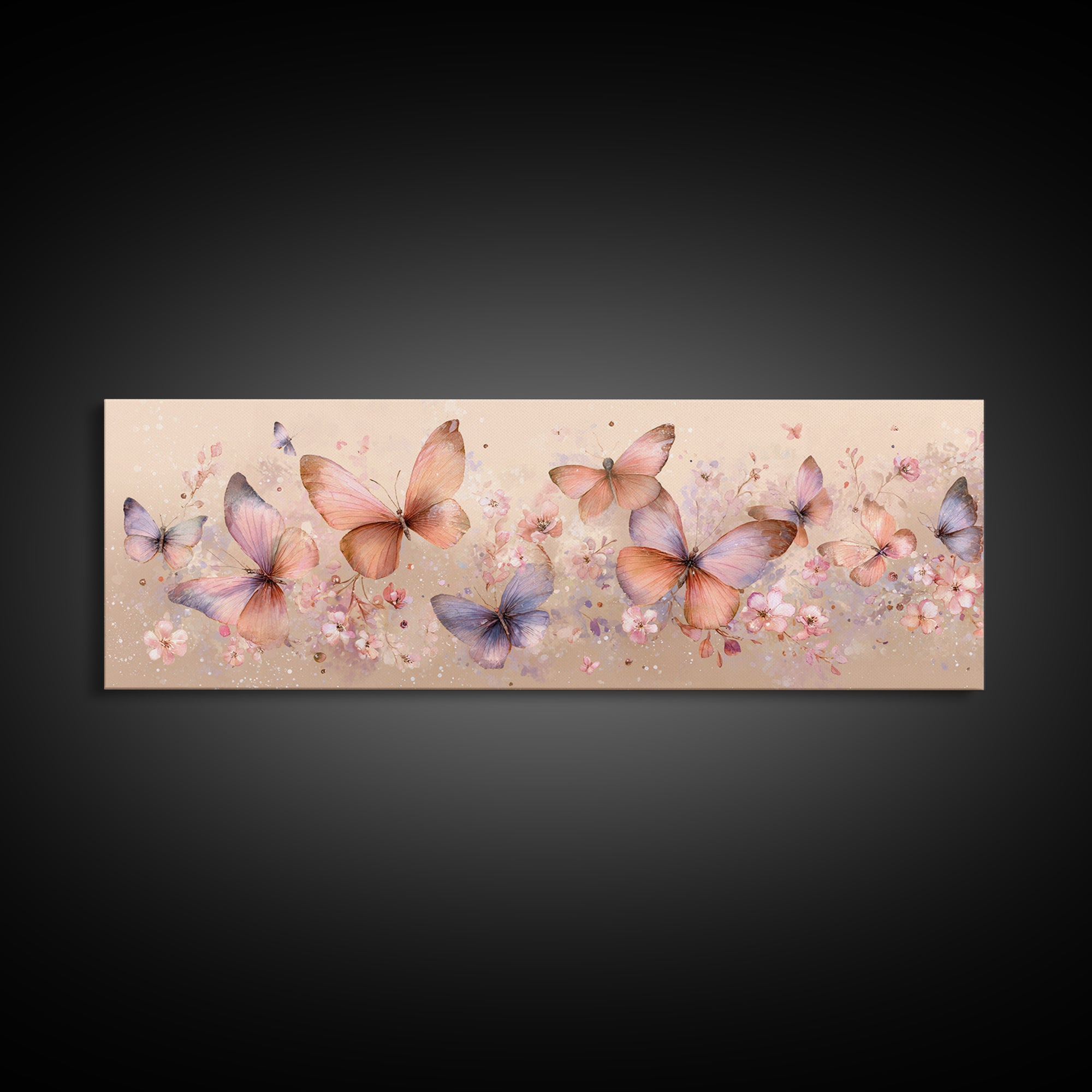 Pastel Butterfly Garden Wall Art, Soft Floral Canvas Print, Feminine Nursery Decor, Spring Bedroom Art, Gift For Her Print