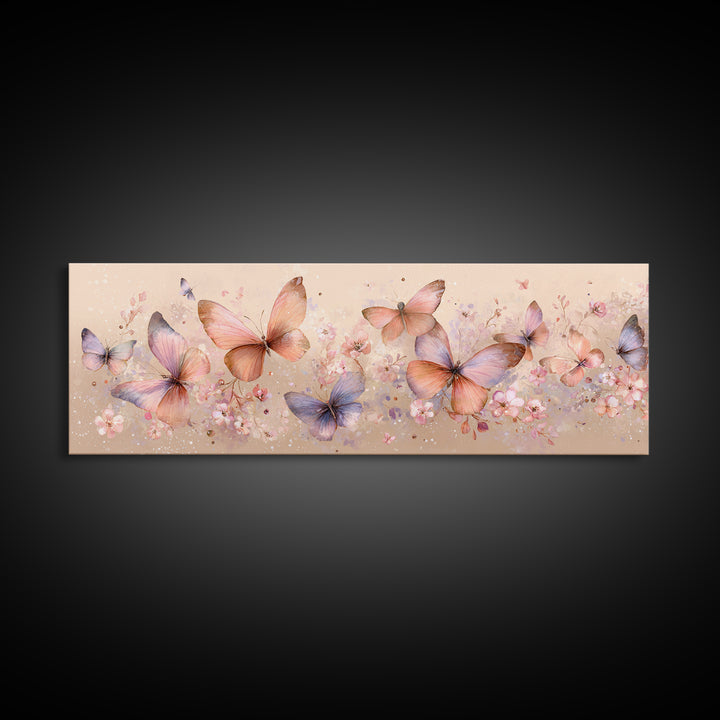 Pastel Butterfly Garden Wall Art, Soft Floral Canvas Print, Feminine Nursery Decor, Spring Bedroom Art, Gift For Her Print