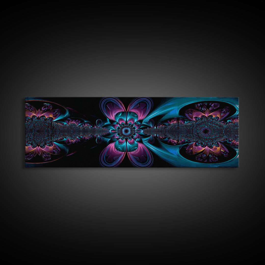 Neon Fractal Flower Mandala Wall Art, Symmetrical Psychedelic Canvas, Teal And Purple Abstract Decor, Meditation Room Print
