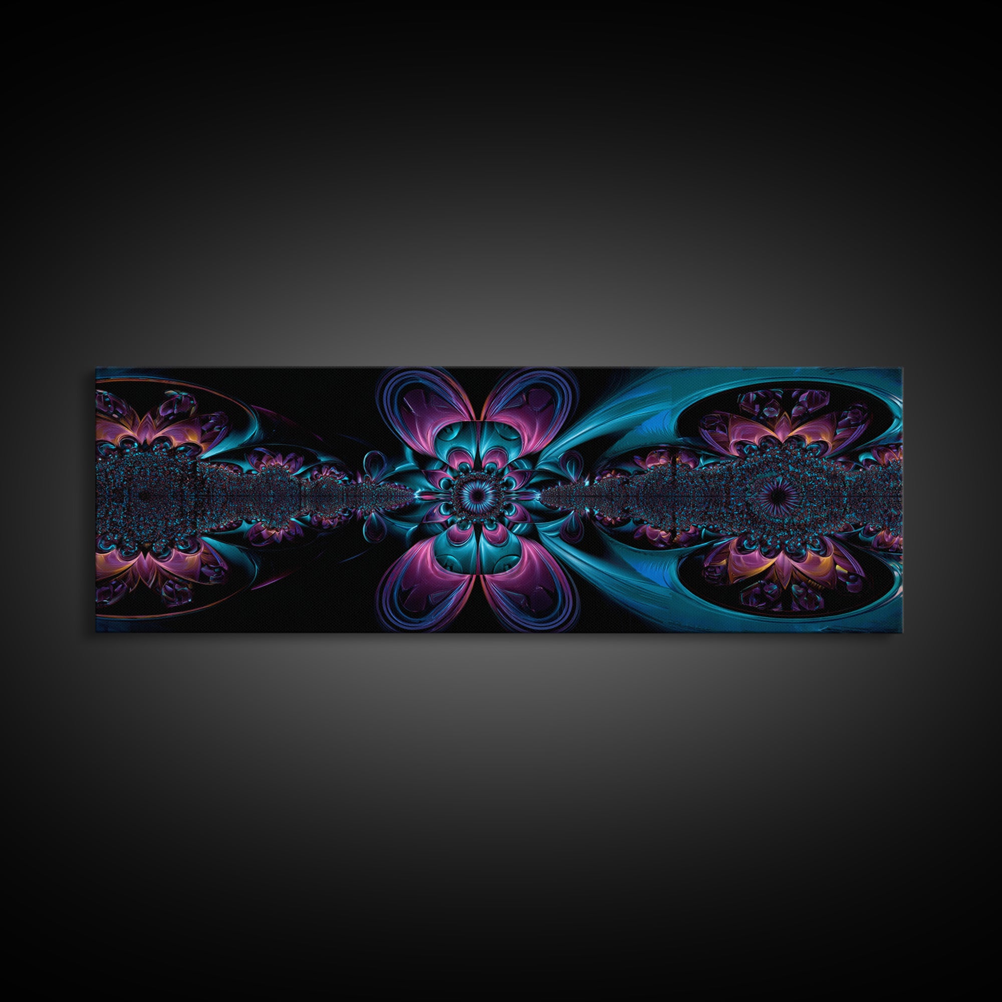 Neon Fractal Flower Mandala Wall Art, Symmetrical Psychedelic Canvas, Teal And Purple Abstract Decor, Meditation Room Print