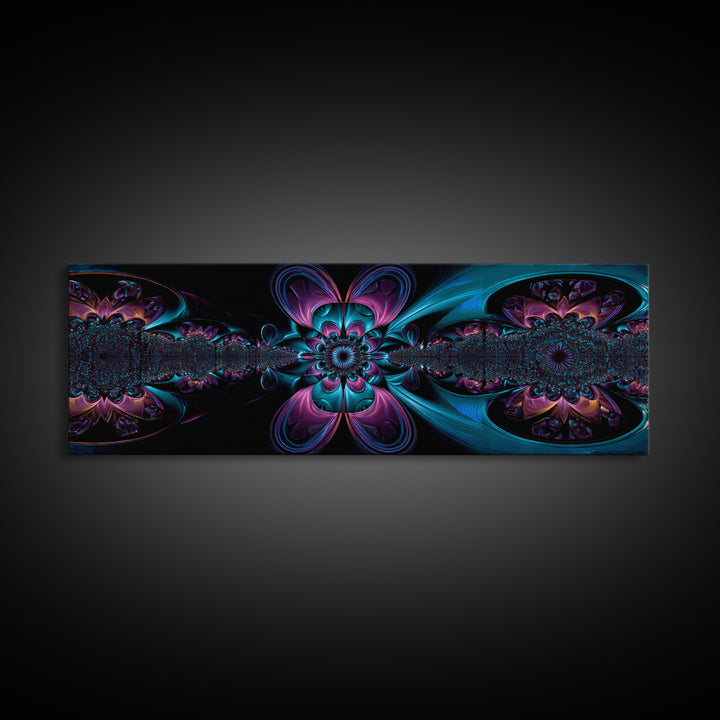 Neon Fractal Flower Mandala Wall Art, Symmetrical Psychedelic Canvas, Teal And Purple Abstract Decor, Meditation Room Print