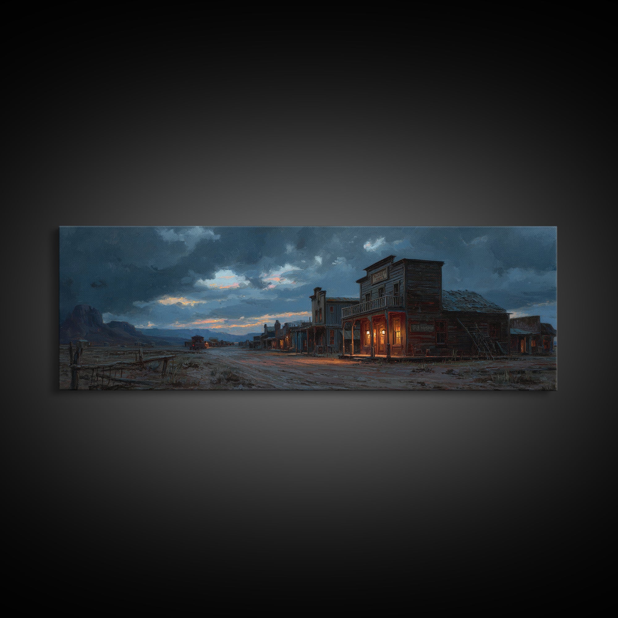 Stormy Western Ghost Town Wall Art, Moody Frontier Street Canvas, Rustic Cowboy Decor, Man Cave Print, Large Wall Decor For Him