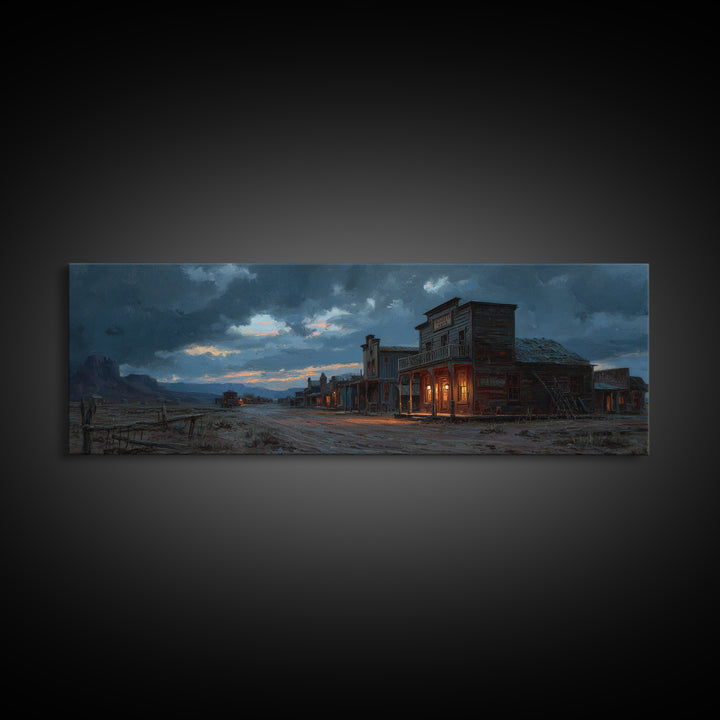 Stormy Western Ghost Town Wall Art, Moody Frontier Street Canvas, Rustic Cowboy Decor, Man Cave Print, Large Wall Decor For Him