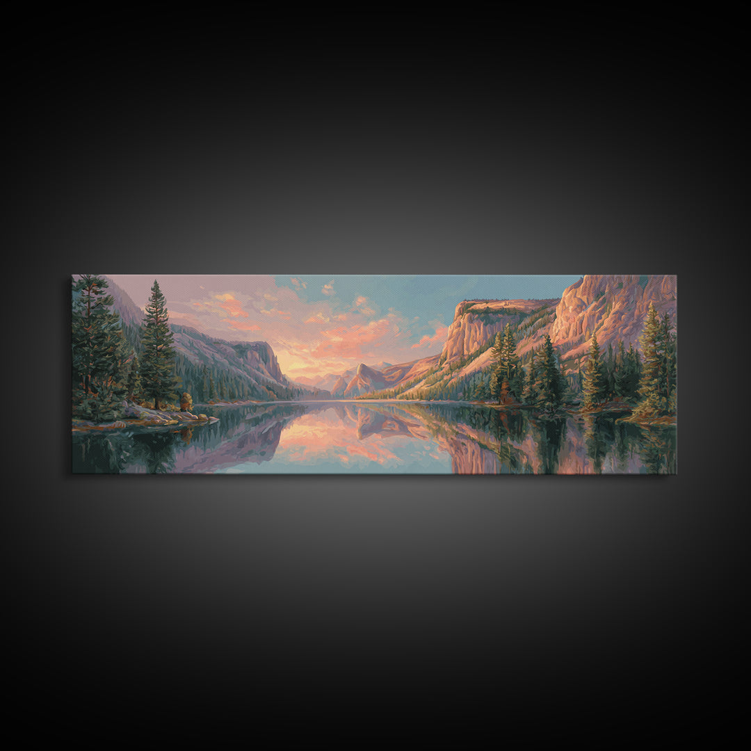 Serene Mountain Lake Sunset Wall Art, Panoramic Landscape Canvas Print, Rustic Nature Decor For Living Room And Cabin Home Decor