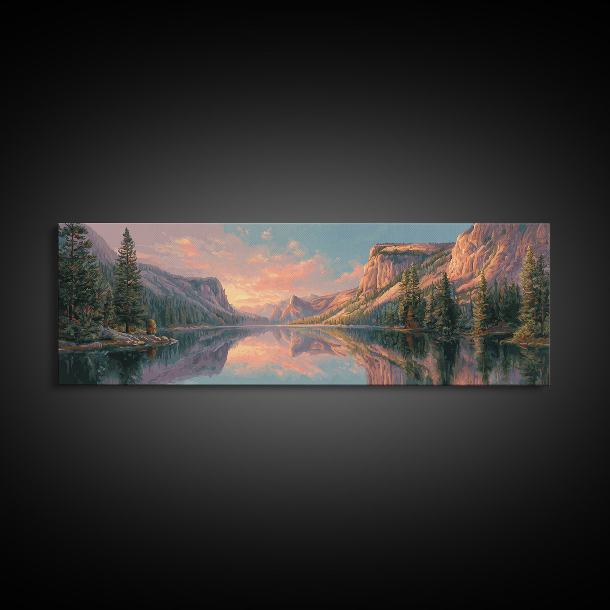 Serene Mountain Lake Sunset Wall Art, Panoramic Landscape Canvas Print, Rustic Nature Decor For Living Room And Cabin Home Decor