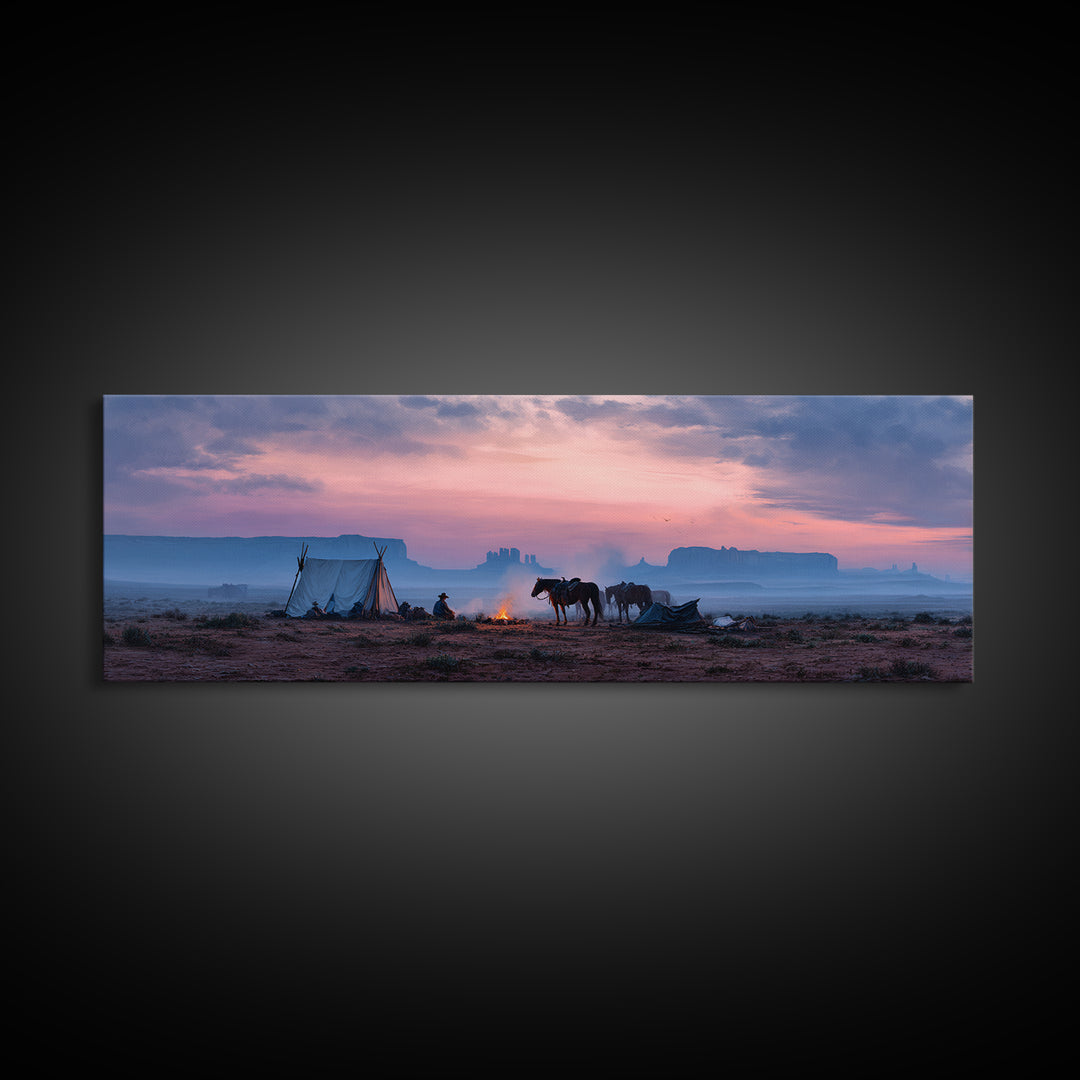 Western Desert Camp With Horses Framed Canvas Print, Cowboy Sunset Landscape, Southwestern Wall Art, Rustic Western Home Decor