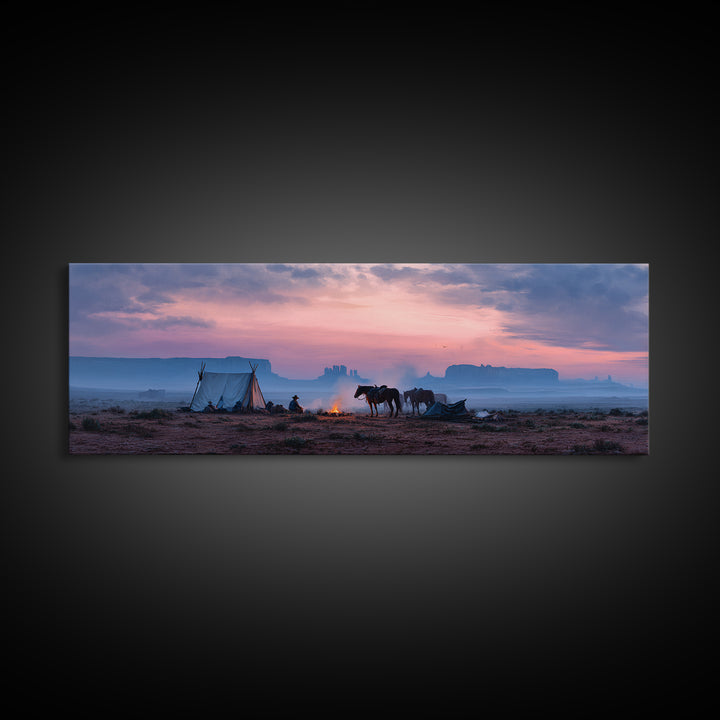 Western Desert Camp With Horses Framed Canvas Print, Cowboy Sunset Landscape, Southwestern Wall Art, Rustic Western Home Decor