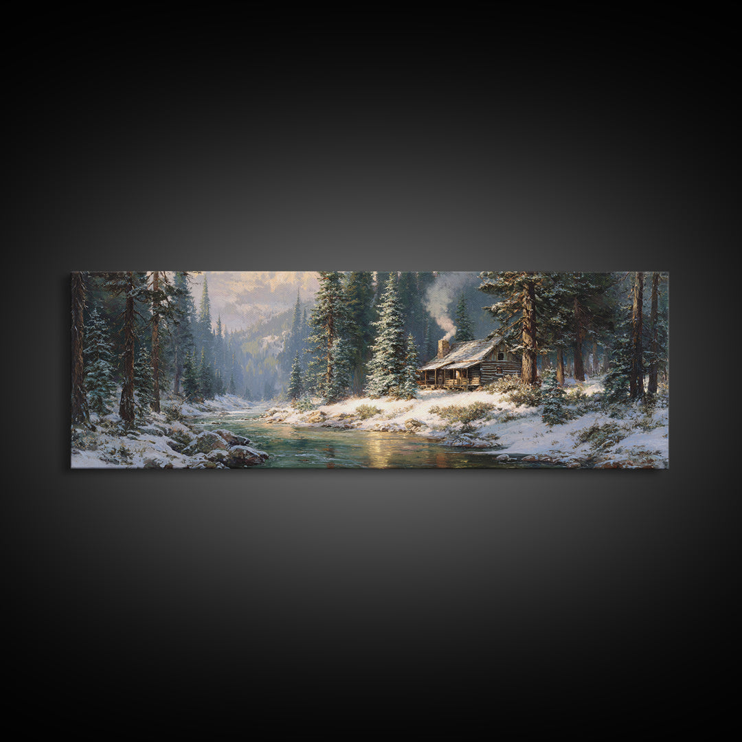 Snowy Cabin River Framed Canvas Print, Winter Forest Landscape Wall Art, Rustic Home Decor, Lake House Gift For Living Room Decor