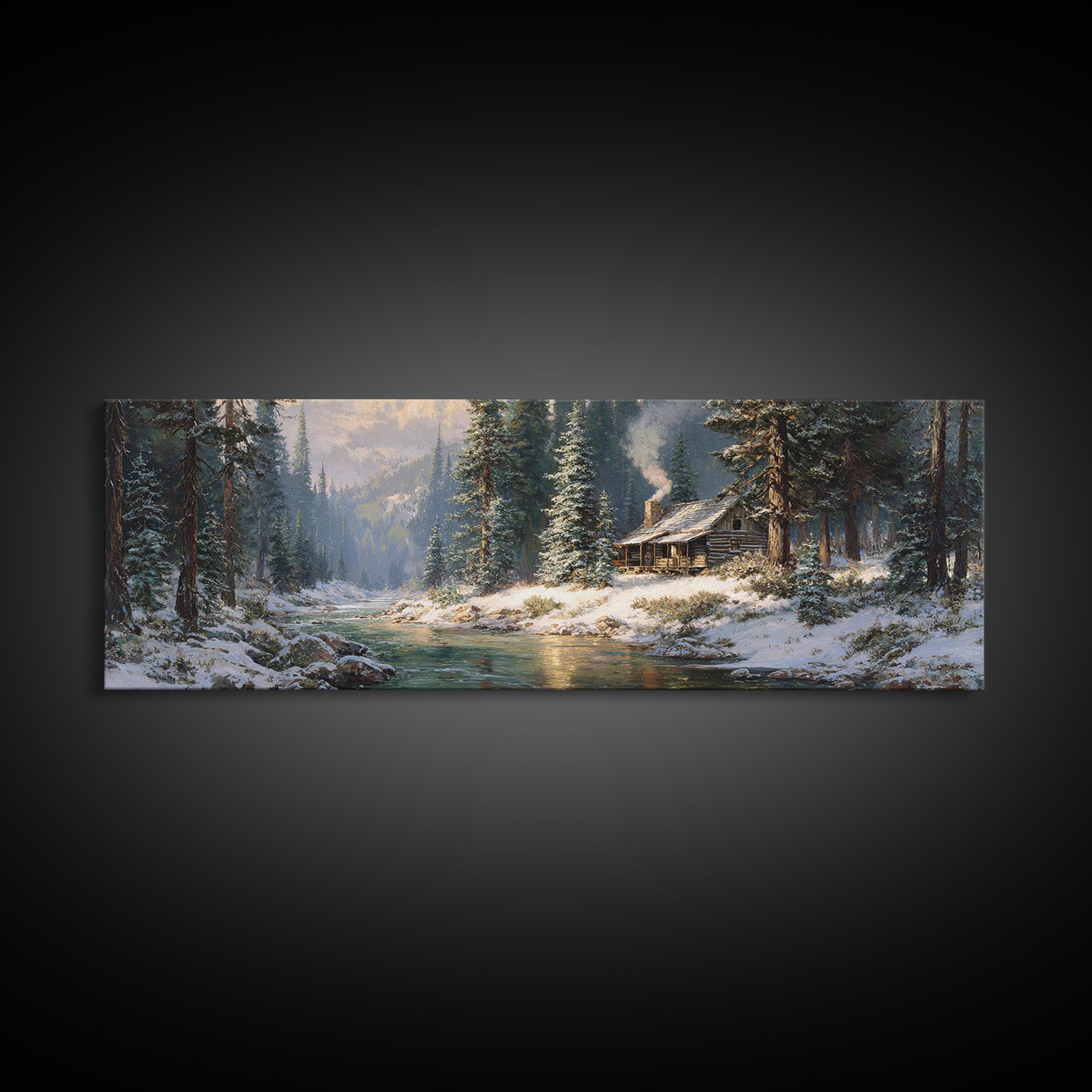 Snowy Cabin River Framed Canvas Print, Winter Forest Landscape Wall Art, Rustic Home Decor, Lake House Gift For Living Room Decor