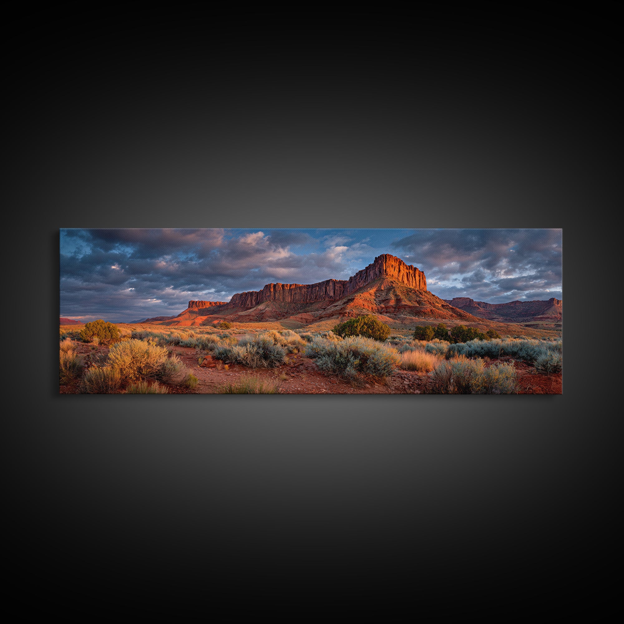 Red Rock Desert Mesa At Sunset Wall Art, Panoramic Southwestern Landscape Canvas, Rustic Home Decor, Large Living Room Print