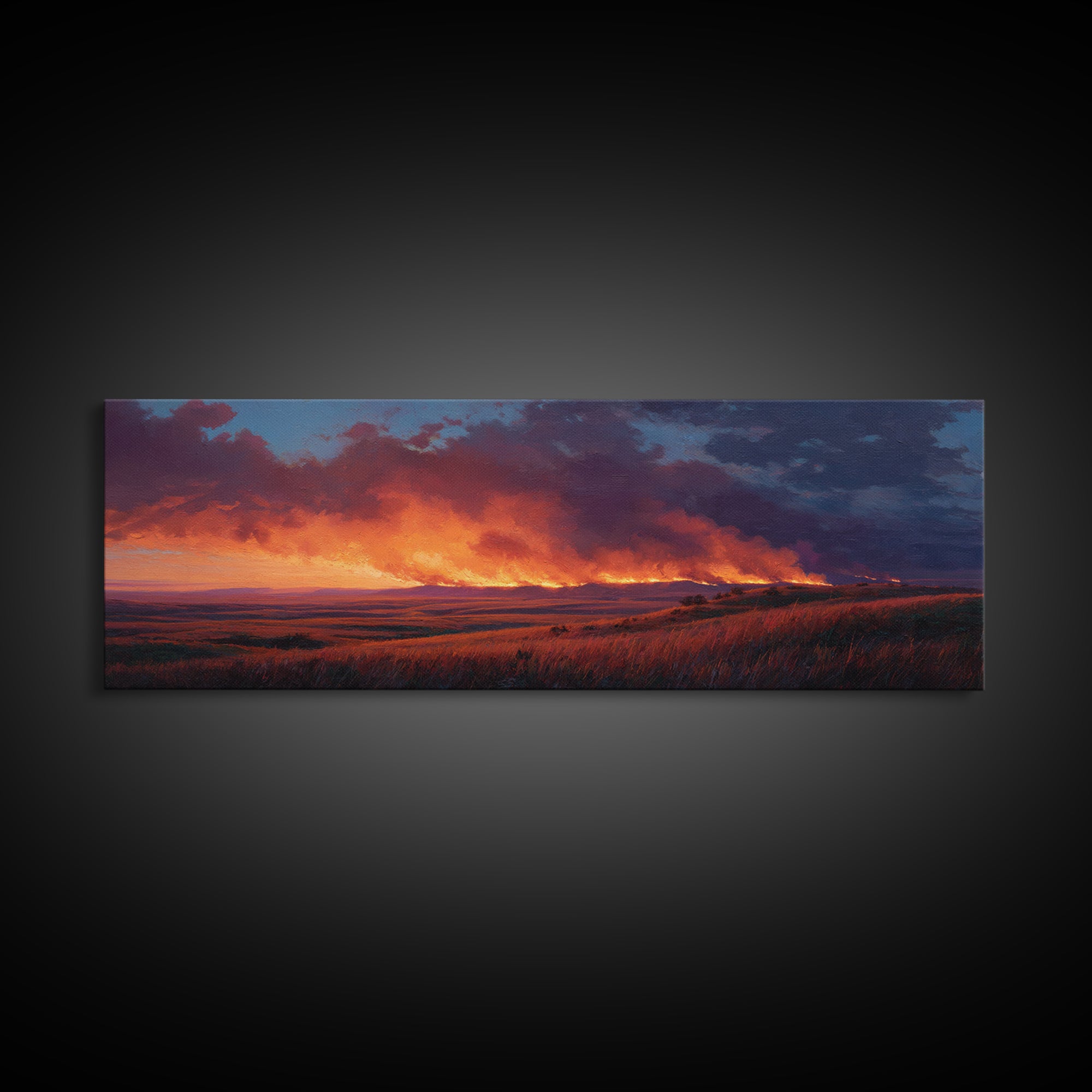 Wildfire Prairie Sunset Wall Art, Dramatic Grassland Landscape, Moody Rustic Decor, Western Canvas Print, Large Horizontal Art