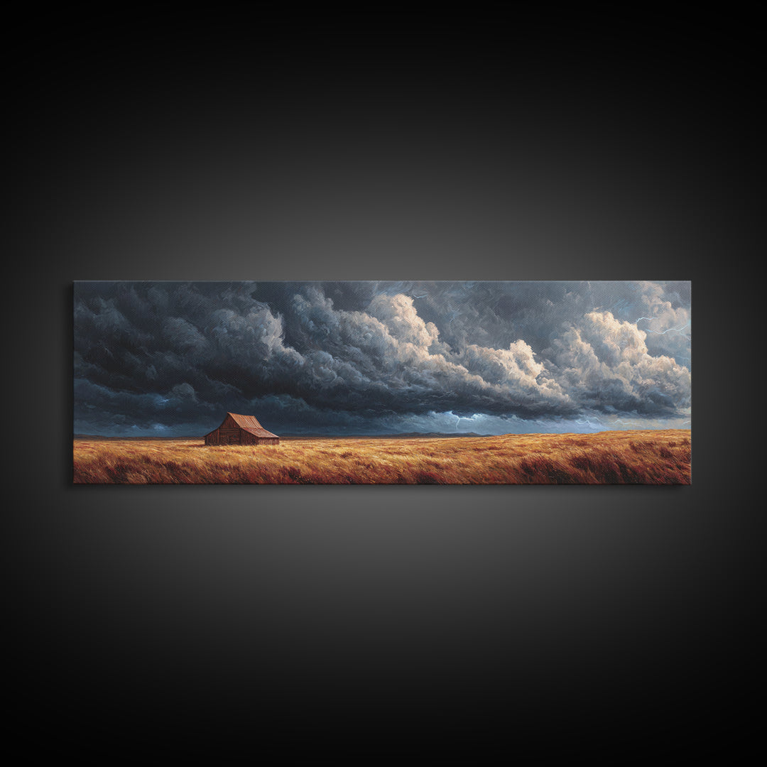 Stormy Prairie Barn Wall Art, Rustic Farmhouse Landscape Painting, Moody Country Decor, Large Horizontal Framed Canvas Print