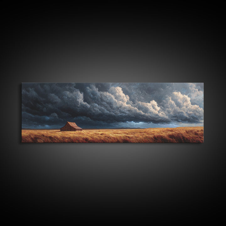 Stormy Prairie Barn Wall Art, Rustic Farmhouse Landscape Painting, Moody Country Decor, Large Horizontal Framed Canvas Print
