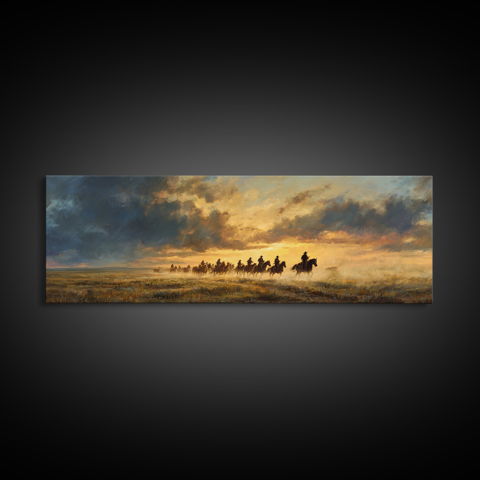 Galloping Cowboys At Sunset Framed Canvas Print, Western Horse Landscape Wall Art, Rustic Ranch Decor, Moody Prairie Painting