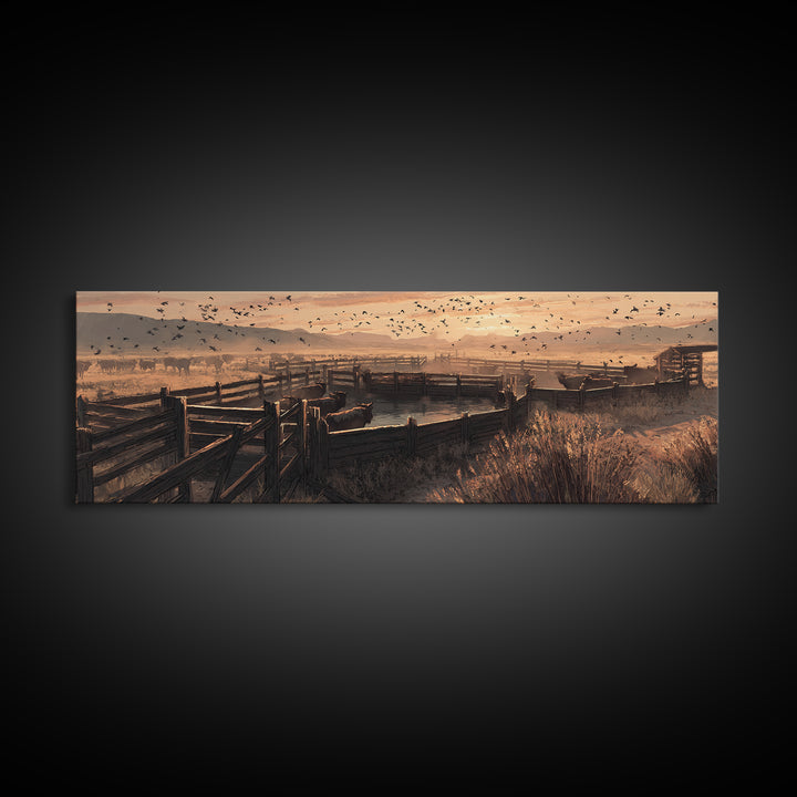 Sepia Ranch Corral Sunset Framed Canvas Print, Western Wall Art, Rustic Farmhouse Decor, Cowboy Landscape, Housewarming Gift