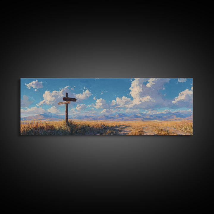 Sunlit Prairie Signpost And Mountain Meadow Wall Art, Rustic Country Landscape Canvas Print, Farmhouse Decor, Open Range Gift