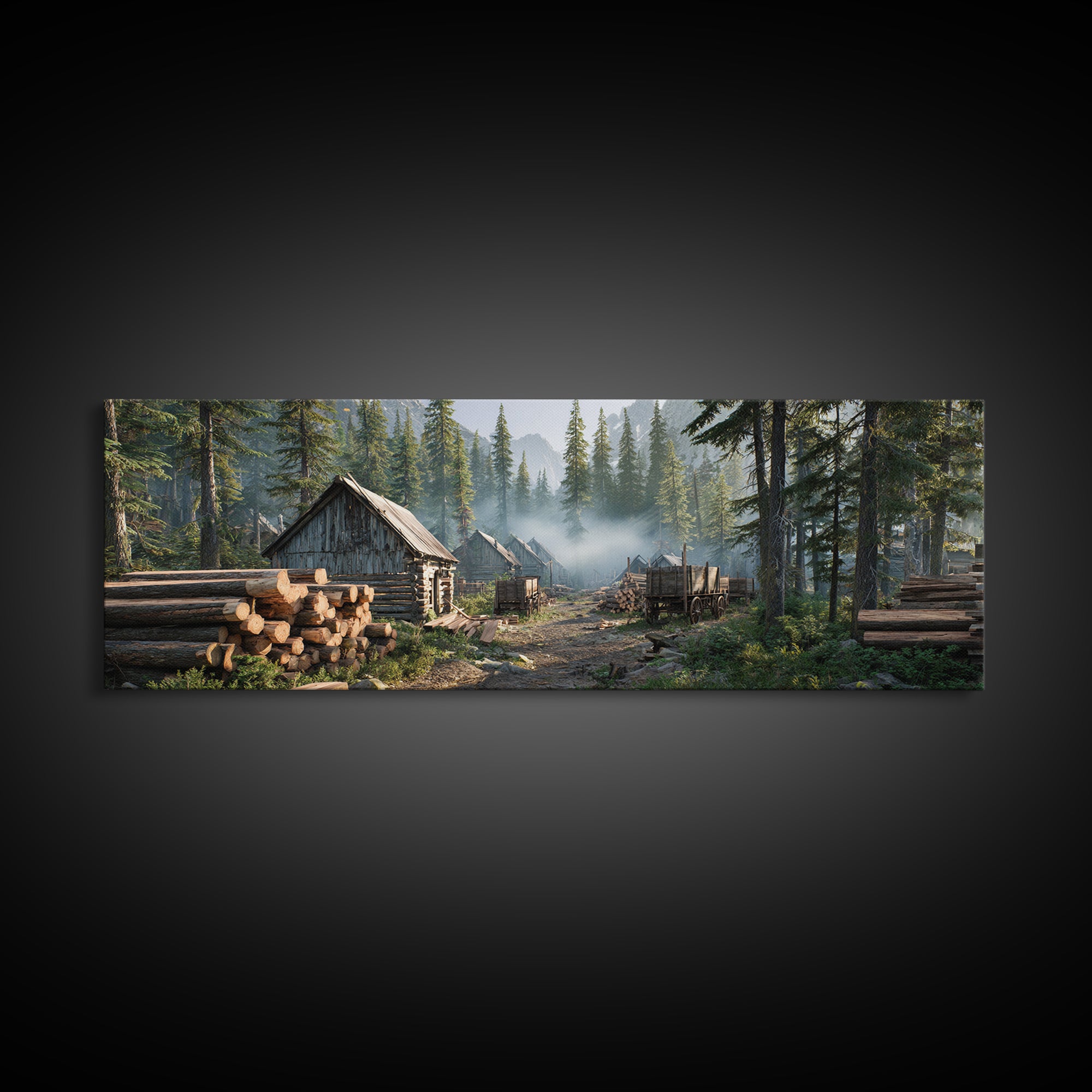 Rustic Logging Camp In Pine Forest Canvas Print, Large Cabin Wall Art, Woodland Landscape, Farmhouse Decor, Nature Lover Gift